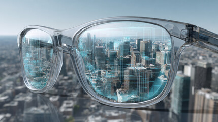 Augmented reality glasses with AI interface overlaying cityscape