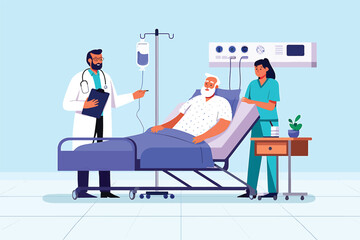 Doctor and nurse caring for an elderly patient in a hospital bed vector illustration.