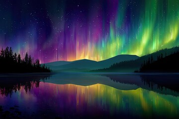 Aurora borealis over a calm lake.  Silhouette of mountains and trees