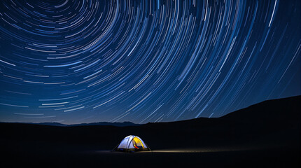 Star Trail Over Camping Tent in Night Desert Sky