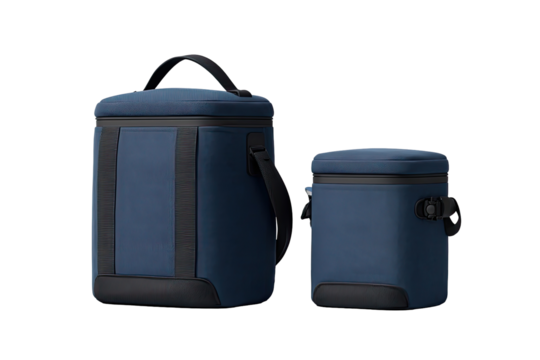 Two navy blue, rectangular, insulated bags.  One larger, the other smaller, both with handles