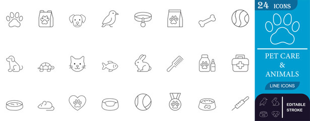 Minimal line icons for pet care and animals including cats, dogs, grooming tools, food, toys, and medical essentials. Perfect for vet, pet shop, or app UI design.