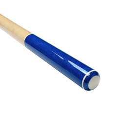 Close-up of a pool cue with a blue, glossy shaft and light colored handle