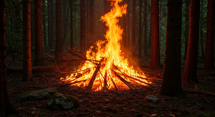 Side view of a campfire blazing in the middle of a forest at dusk