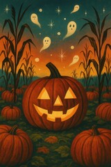 Obraz premium Halloween illustration of a pumpkin patch at dusk with a large smiling jack-o'-lantern surrounded by corn stalks and floating cute white ghost shapes in the sky
