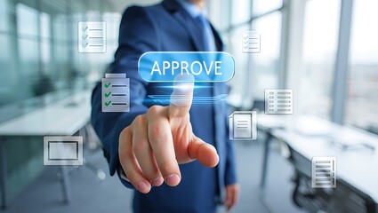 Businessman s finger touching a glowing approve button on a futuristic digital interface in office setting