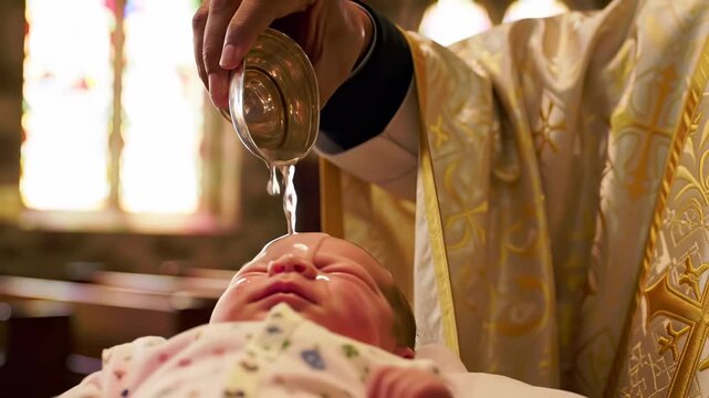 Priest baptizing a baby with holy water during a religious ceremony in a church