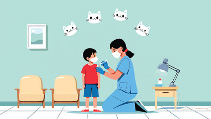 A nurse administers a vaccination to a young boy in a clinic, vector illustration concept.
