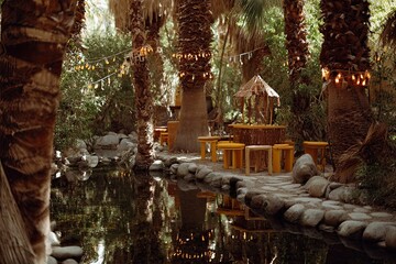 Palm oasis bar with water reflection