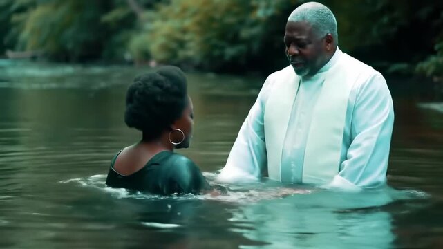 Black Adult Man Baptizing Black Adult Woman in Water Outdoors