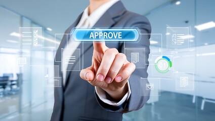 Fototapeta premium Businesswoman s finger pressing a glowing blue approve button on a futuristic digital interface screen