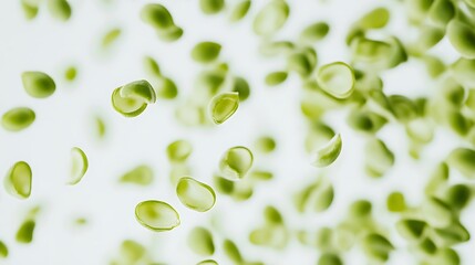 Delicate dispersal: Abstract composition of falling green bean segments in bright light