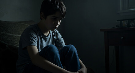 Contemplative young boy sitting alone in the shadows of a dark bedroom