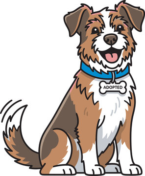 Happy cartoon adopted dog with scruffy brown and white fur sitting with a wagging tail and wearing a blue collar with a bone tag.
