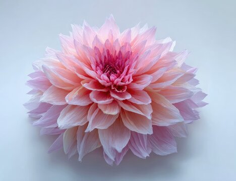 Close-up of a delicate, pale pink dahlia.  Soft, layered petals radiate outwards from a deep pink center.  Light-toned background accentuates the flower's form