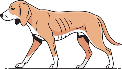 A tan and white hound dog with floppy ears in a stylized walking pose.
