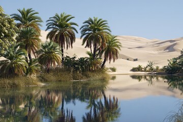 Tranquil oasis reflecting desert palms