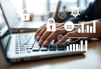 Close up of hands typing on a laptop with digital security and data analytics icons overlayed