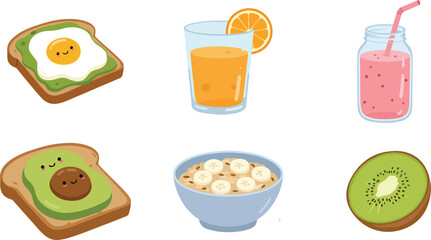 Flat Food Icons Set – Breakfast Items Like Omelet, Sandwich, Juice, and Avocado in Cute Vector Style