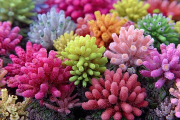 Vibrant cluster of colorful, miniature coral-like organisms.  Close-up view of densely packed,  unique forms in a spectrum of hues