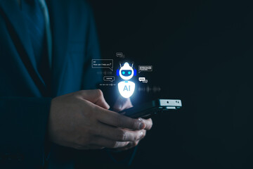 AI agent chatbot tech, voice assistant for customer service, futuristic smart automation, AI-powered chatbot on tablet, digital business support, artificial intelligence conversation bot.