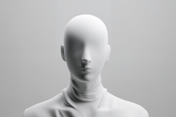 White faceless mannequin head and shoulders, minimal and artistic, representing identity and concept, against a gray background with copy space