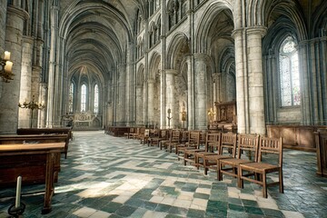 Interior view of a grand cathedral, featuring high vaulted ceilings, stone pillars, and wooden pews.  A sunlit pathway leads to the altar