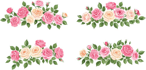 Romantic Rose Floral Clipart Borders – Pink and Cream Flower Arrangements with Greenery for Wedding, Scrapbook & Card Design