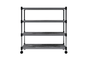 Gray metal shelving unit with three tiers and four wheels