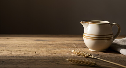 **Vintage ceramic gravy boat with hand-painted stripes on weathered wood with wheat stalk ambiance and copy space**  