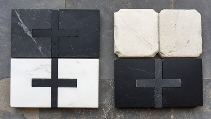 Four square stone tiles, black and white, with plus (+) shapes