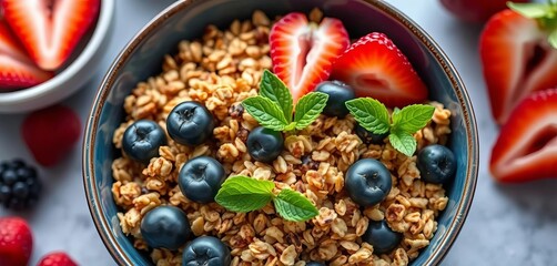 A vibrant bowl of granola with fresh berries and mint, healthy breakfast,   morning,   healthy eating