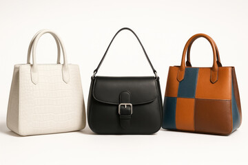 Naklejka premium Three elegant women's handbags are standing on a white background