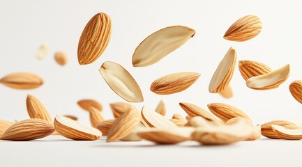 Almonds in motion, scattered on a white background