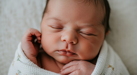 Close up portrait of a newborn baby peacefully sleeping on a soft blanket