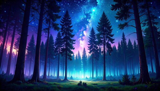 Forest clearing illuminated by starlight, trees outlined in shadow, sky filled with shimmering stars and faint galaxies, rich cosmic hues of violet, teal, and sapphire, dreamy and peaceful night ambia