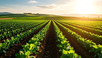 Obraz premium Rows of Crops Growing in Field at Sunset, Farming Landscape