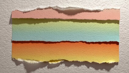 Torn strips of pastel-colored paper layered horizontally on a light background