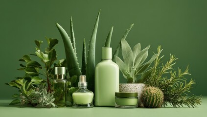 Green skincare products surrounded by lush plants
