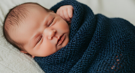 Adorable Newborn Baby Wrapped in Cozy Blue Blanket, Sleeping Peacefully