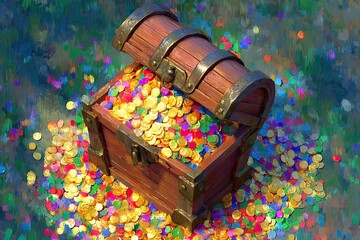 Open wooden treasure chest overflowing with golden coins and colorful confetti