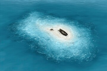 Tiny, sandy island in turquoise ocean, lone boat