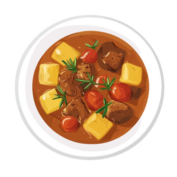 stew with vegetables on white plate clip art preview
