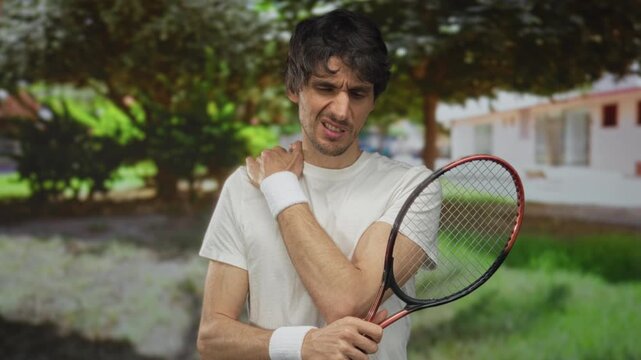 Man holds tennis racket while pressing hand on shoulder and wincing in front of building under green trees; frustration.