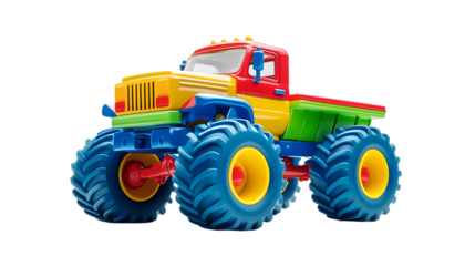 Close up of a colorful toy monster truck  on transparent background