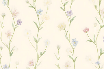 Soft pastel wildflowers with stems on light cream background pattern
