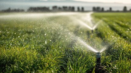 Green agricultural field being watered by sprinklers on a sunny day with a blurred background of trees and sky