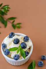 Natural cottage cheese in a bowl with ripe blueberries