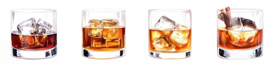 Four whiskey tumblers with ice