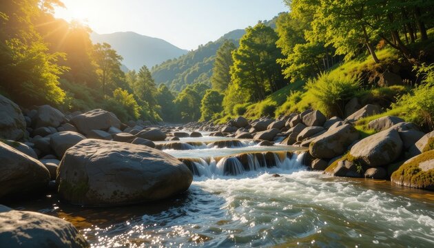 Flowing Mountain Stream Amidst Rocks and Greenery with Sunlight